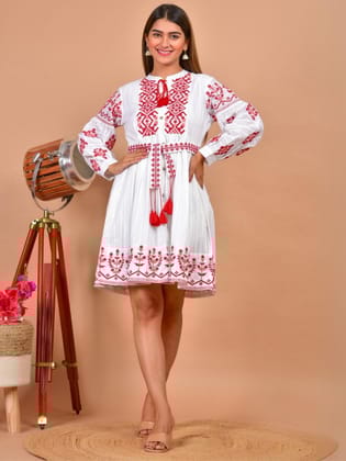 Red and White Dobby Cotton Short Dress-XXL