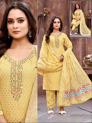 Woman Straight Suit Set with Pant-Dupatta-Light Yellow / L