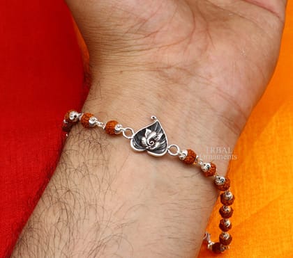 925 sterling silver handmade lord Ganesha on Paan(betel leaf) design Rakhi bracelet, with amazing Rudraksha, Tulsi beaded bracelet rk182-6 / Rudraksha bead rakhi