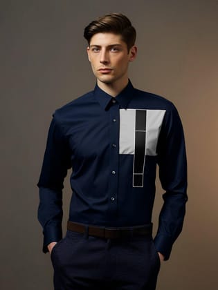Colourblocked Smart Casual Navy Shirt-NAVY / S
