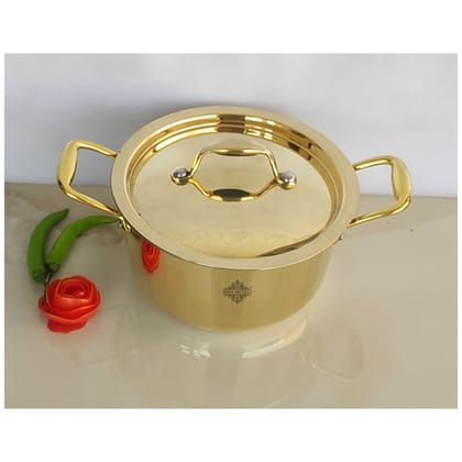 Indian Art Villa Pure Brass Sauce Pot with Brass Lid and Handles on both sides with Tin Lining Inside, Serveware, Cookware-2500ml