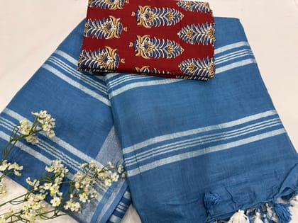 Cotton Linen Saree With Printed Cotton Blouse