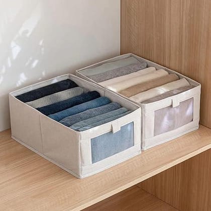 KATHIYAWADI Window Cloth Wardrobe Clothing Storage Box Foldable Multipurpose Clothes Finishing Box for Bedding Blankets Sheet | Off White | pack of 2
