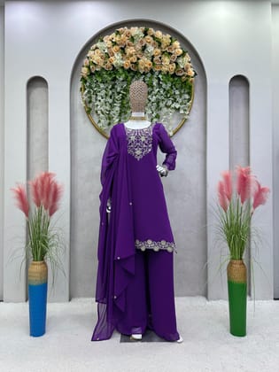 Fabulous Thread Work Purple Color Palazzo Suit-M