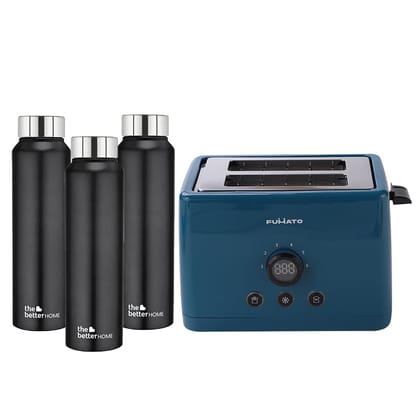 The Better Home FUMATO 1000 Watt 2 Slice Pop-up Toastmate Toaster  Stainless Steel Water Bottle 1 Litre Pack of 3 Black-The Better Home FUMATO 1000 Watt 2 Slice Pop-up Toastmate Toaster & Stainle