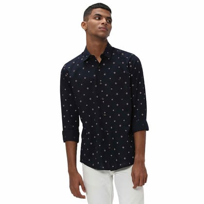 Mufti Navy & Off White Geometric Print Slim Fit Casual Shirt