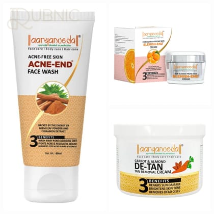 AARYANVEDA Acne-End Face Wash & Blemish-End Cream & Carrot & Almond De-Tan Massage Cream