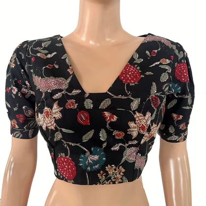 Printed Cotton Back Open Blouse with Triangle Cut in Back and Puff Sleeves  ,Black, BP1221-S