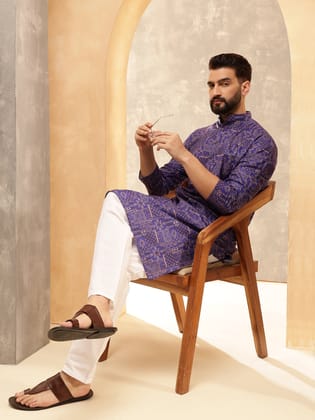 Men's Cotton Linen Geometric Printed Purple Kurta with White Pyjama-40