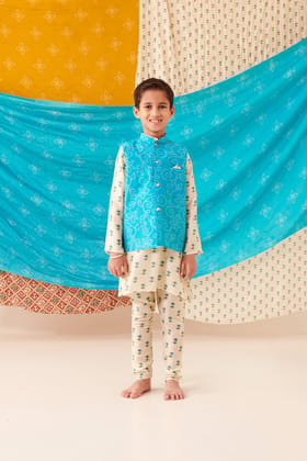 Boy Bandhani 3 Pc Bundi Set - Turquoise Blue-0-3 Months