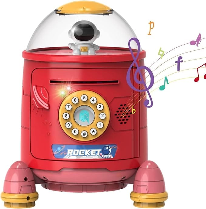 Musical【Large】 Rocket Type Money Safe Kids Piggy Savings Bank with Finger Print Sensor【Red】