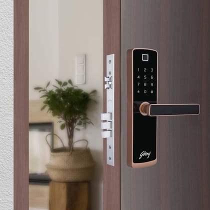 Godrej Smart Lock Catus Touch Plus, Digital Lock for Wooden Door, 4 in 1 Access, Fingerprint, RFID, PIN Access, Mechanical Key, 3 Strong Dead Locking Bolts- Rosegold