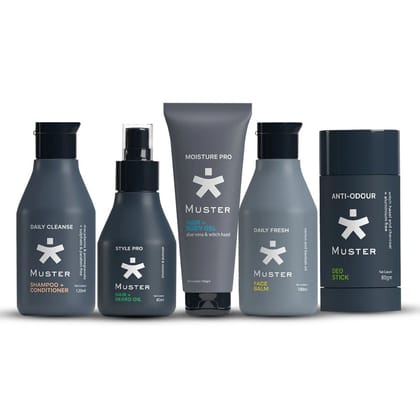 Muster Men Complete Grooming Set | Aloe Vera Hair & Body Gel | Deep Cleanse Shampoo & Conditioner | Anti-Odour Deo Stick | Daily Fresh Face Balm | Style Pro Hair & Beard Oil | Grooming Set for Men