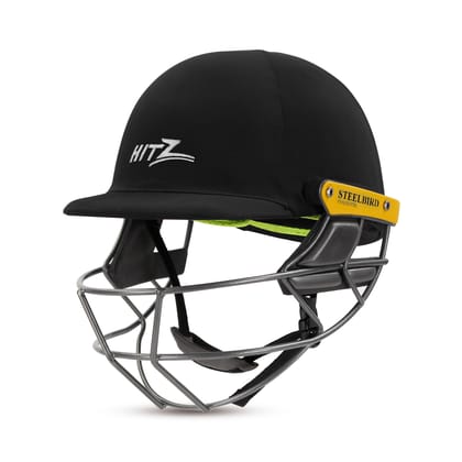 Steelbird Hitz Stainless Steel Premium Cricket Helmet for Men & Boys (Fixed Spring Steel Grill | Light Weight) (Black Fabric with Green Interior)-Small 560 MM