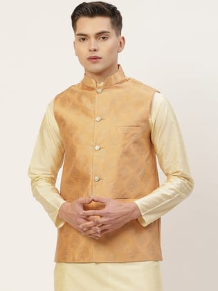 Jompers Men's Peach Printed Nehru Jacket-S / Peach