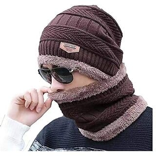 Snow Proof Inside Fur Wool Unisex Beanie Cap with Neck Warmer  Winter Hat for Men  Women (Multi Color)