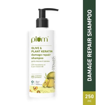 Plum Olive & Plant Keratin Damage Repair Shampoo - With Olive Oil, Plant Keratin, Macadamia oil, For Straightened, Coloured, Smoothened, Chemically Treated Hair, 250 ml