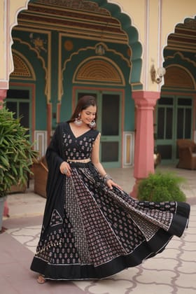 Trendy Black Color 14 Kg Printed Reyon With Gota Patti Lace And Printed Kali Pattern Navratri Wear Lehenga Choli