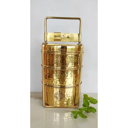 Indian Art Villa Pure Brass With Inside Tin Lining 2 &  3 Containers Lunch/Tiffin Box With Hammered Design, For Office, School & Travelling-Large