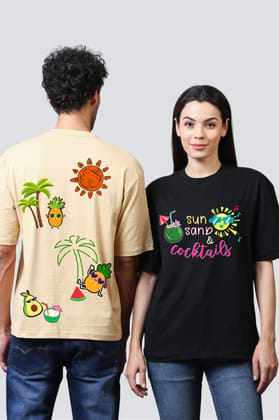 Beach Vibes: 'Sun, Sand & Cocktails' Oversized Couple T-Shirts (Pack of 2)