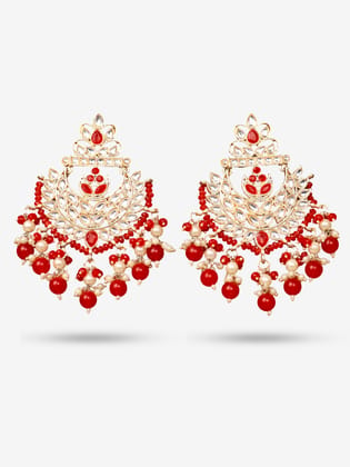 Kundan & Pearl Drop Earrings with Textured Detailing for Women by Shreekama-Red