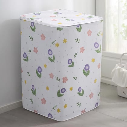 Kuber Industries Waterproof Dustproof Washing Machine Cover, Fully Automatic, Tulip Design, Zip Closure, White/Purple.-Kuber Industries Waterproof Dustproof Washing Machine Cover, Fully Automatic