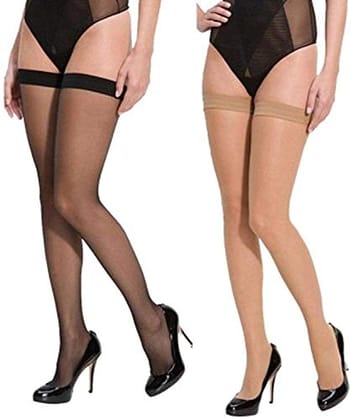 HAYBERG Women'S 2 Pair Thigh-Highs Long Exotic Stockings Tights Black And Beige (2 Pair)