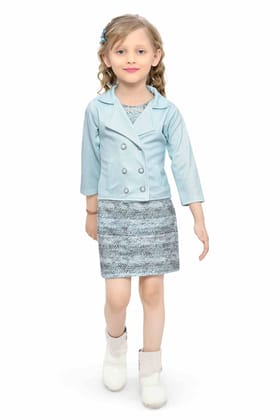 Be:kids Serenity Chic Two-Piece Girls' Dress Set with Textured Blue Jacket and Printed Sheath Dress