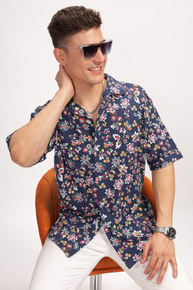 Navy Blue Floral Revere Collar Shirt-M