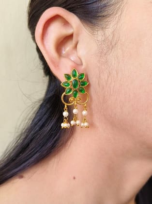 Golden Party Wear Stud Earrings with Pearl Drops & Stone Work | Sarichka-Green