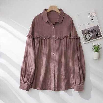Down Shoulder Cotton Ruffle Loose Fit Shirt-Burnished Brown / S