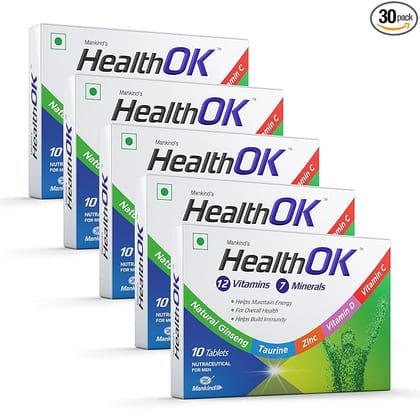 Health OK Multivitamin with Natural Ginseng Taurine power Daily Energy alertness Vitamin D C & other 17 multivitamins minerals for Overall Health 10 Tablets x Pack of 5
