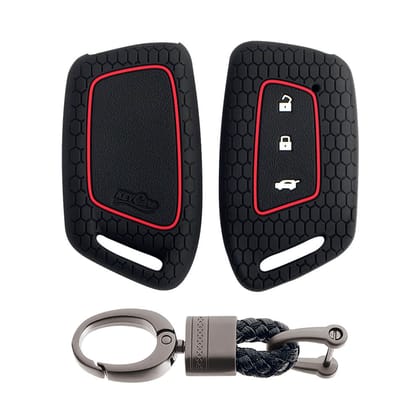 Keycare silicone key cover and keychain fit for : Mg Hector New smart key (KC-64, Alloy keychain black)-Black