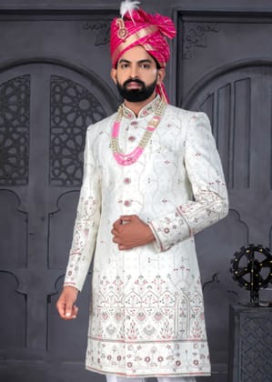 White and Pink Designer Sherwani for Groom-S