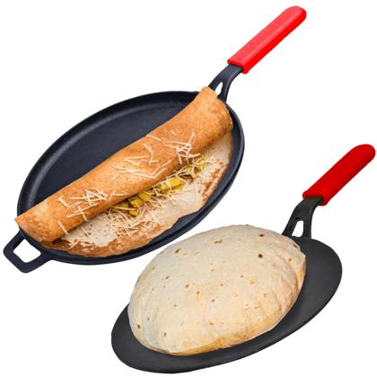 GEMMA Cast Iron Pre-Seasoned Dosa Tawa & Roti Tawa with Handle Pack of 2 Combo-Red