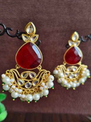 Monalisa Stone and White Polki Gold Plated Earring | Sarichka-Maroon+White PLK