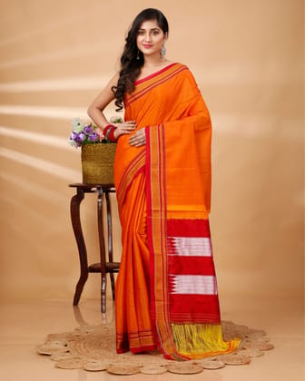 Alluring Ilkal Handloom Cotton Silk Saree Bright Orange