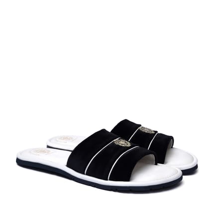 Women's Black Velvet Strap White Leather Slide-in Slippers by BRUNE & BARESKIN-36/3