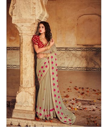 Aarrah Chiffon Embroidered Saree With Blouse Piece - Beige ( Pack of 1 ) - Beige