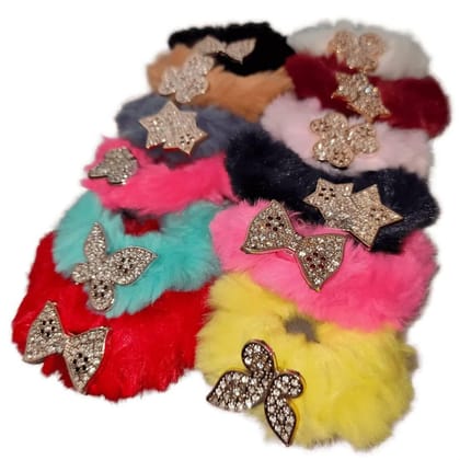 SENECIO Multi Shape Crystal Studded Fluffy Fur Soft Multicolor Rubber Band Hair Tie Scrunchies (Pack of 12)