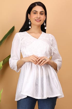 Shwet Women  White Chikankari Angarkha Top - 275-S