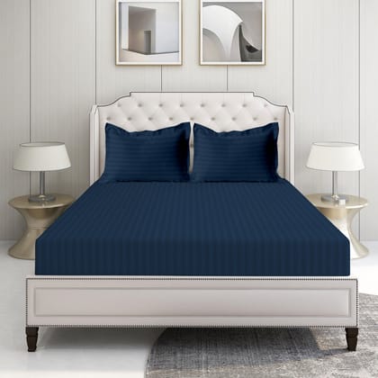 Lane Linen 500TC 100% Cotton Alyssa Stripe King Satin Bed Sheet Set - Denim-Denim