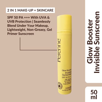 Perenne Glow Booster Invisible Sunscreen SPF 50 PA+++ with Vitamin C, Rosehip Oil (50 ml) - Vegan, No White Cast, Helps to Reduce Pigmentation, UVA & UVB Protection for Men and Women-Pack Of 1 (50ml)