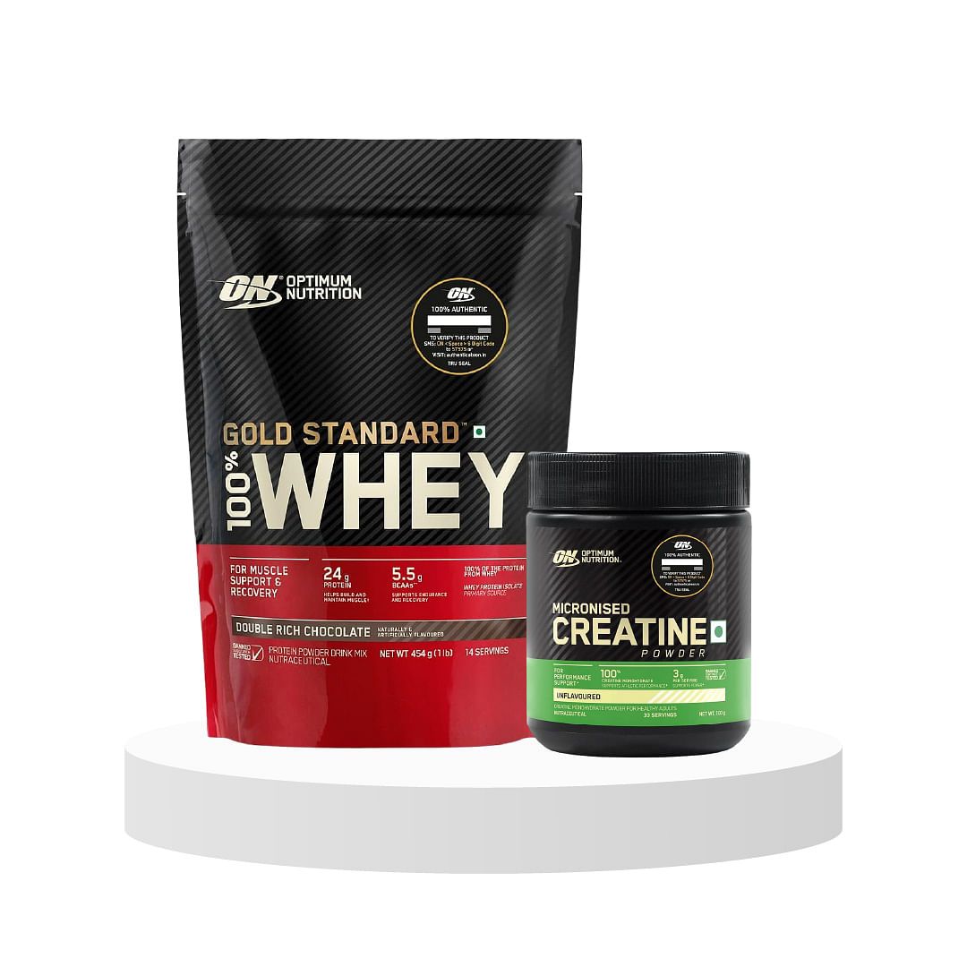 Optimum Nutrition Whey Protein 1lb Double Rich Chocolate for Muscle Support & Recovery, Vegetarian. Micronized Creatine Powder 100g Unflavored.-Optimum Nutrition (ON) Gold Standard 100% Whey Prot