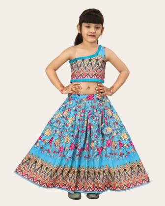 Girls Printed One Shoulder Ready to Wear Lehenga & Blouse-SkyBlue / 2 Years-3 Years