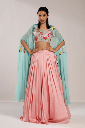 PINK PLEATED LEHENGA WITH CAPE-XS
