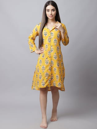 Women's Printed Knee Length Sleepshirt/ Night Shirt Dress - Yellow-L / Yellow