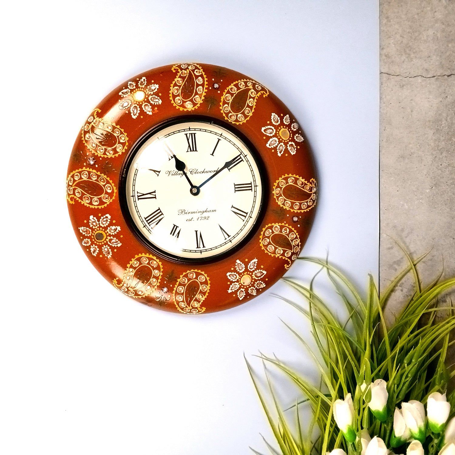 Wall Clock | Hand Painted Antique Clock Wall Mount - for Home, Living Room, Bedroom, Office & Hall Decoration | Wedding & Housewarming Gift - 11 Inch-Design 1