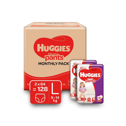 Huggies Wonder Pants Large (9-14Kg) Baby Diaper Pants Monthly Pack ( Set Of 2 X 64 Units), 128 Units Box