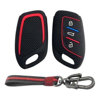 Keycare Silicone Key Cover and keychain Fit for MG : MG ZS EV, Astor 3 Button Smart Key (KC65, Full Leather Keychain)-Black